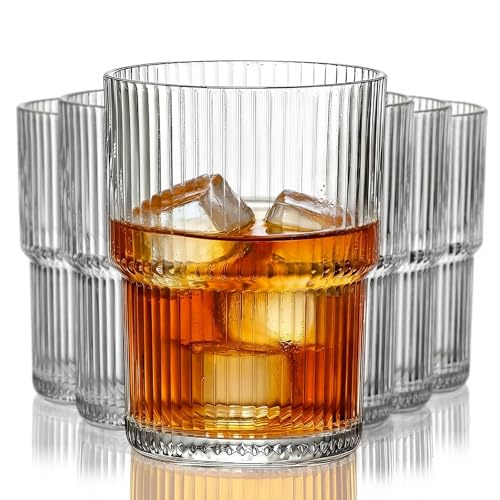 TOLASTO Whisky Glasses Set of 6, 440ml Lead-Free Crystal Old Fashioned Tumblers, Heavy Base Ribbed Drinking Glasses for Whiskey, Bourbon, Scotch, Cocktails, Dishwasher Safe Gift Set