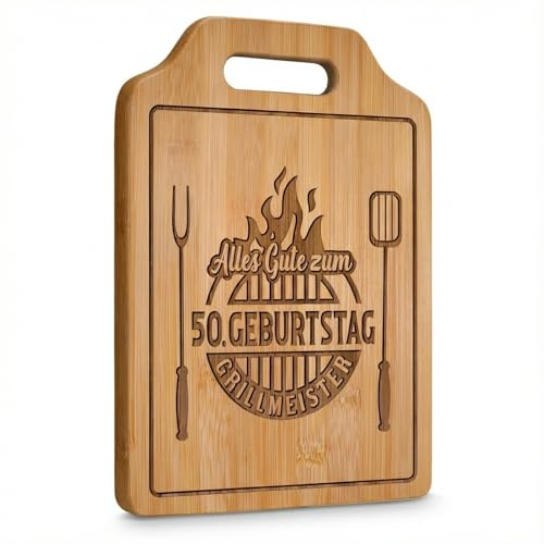 Personalisiertes Schneidebrett mit 50. Geburtstag Gravur, Handmade Engraved Bamboo Cutting Board, Geschenk zum 50. Geburtstag Mann, Küchenbrett mit Griff (31x22x1 cm)