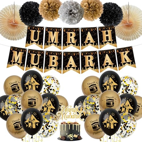 Tasoraor Umrah Mubarak Deko Set - Hajj Dekoration Schwarz Gold Luftballons Girlande und Tortendeko, Papier Pompoms Papierfächer für Muslim Party Islamische Festival Dekorations