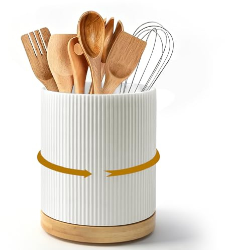 wishfly Soporte para Utensilios de Cocina: Soporte Giratorio de 360° para Utensilios de Cocina de Madera-Fácil de limpiar, Soporte para Cucharas de Cocina para Cocineros Aficionados-Almacenamient