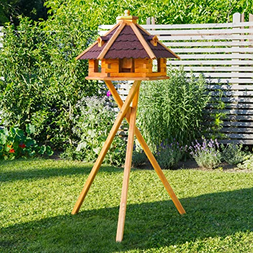 Vogelhaus von klein bis Riesig XXL Futterhaus Futterhäuschen Vogelvilla V18, Vogelfutterhaus aus Holz mit Solarbeleuchtung beleuchtet (Rot, XXL mit Ständer), Vogelfutterhaus mit Futtersilo, Silo