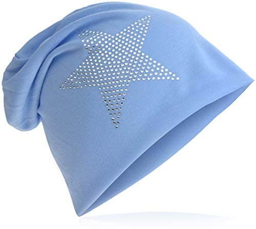 Miobo slouch beanie i jersey, lång mössa, stjärna med strassdetaljer, unisex, enfärgad, herr, dam, trendig, Babyblått, En Storlek