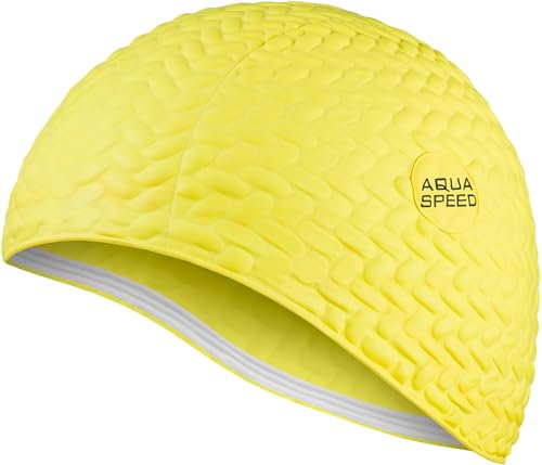 Aqua Speed Badekappe Noppen | Badehaube für Lange Haare | Damen Schwimmkappe Latex | Bathing Cap for Long Hair | Schwimmhaube extrem dehnbar | Latexbadekappe | Gelb | Bombastic Tic-Tac