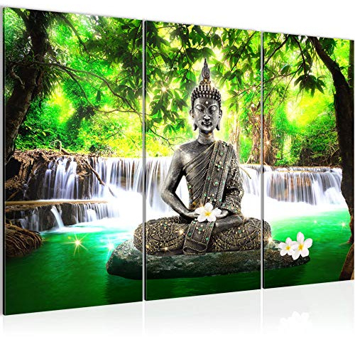 Runa Art Wandbilder Buddha Wasserfall Bild XXL Wohnzimmer Schlafzimmer Grün Feng Shui 120 x 80 cm 3 Teilig 503531a