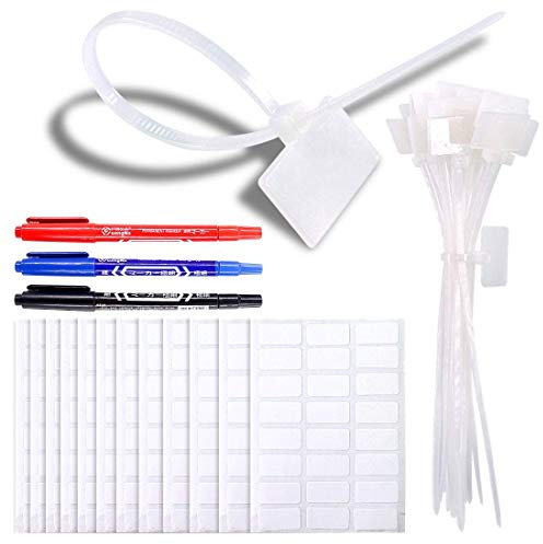 Glarks 200 Fascette Fermacavi in Nylon Autobloccanti da 15,2 cm, Etichette per Scrivere Con 3 Pennarelli e 288 Etichette Autoadesive Bianche per Cavi, Uso Domestico e Ufficio