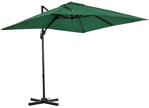 Outsunny 2.5 x 2.5m Patio Offset Parasol Umbrella Cantilever Hanging Aluminium Sun Shade Canopy Shelter 360° Rotation with Crank Handle and Cross Base, Green