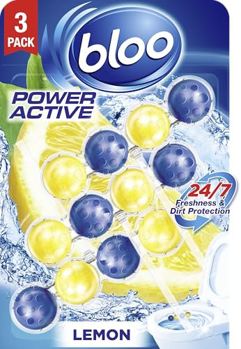 Bloo Power Active Toilet Rim Block Lemon, with Anti-Limescale, Cleaning Foam, Dirt Protection and Extra Freshness - Pack of 3 Rimblocks