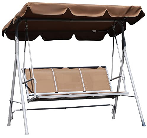 Outsunny Dondolo da Giardino a 3 Posti in Metallo, Tetto Parasole Rimovibile e Lavabile, Marrone e Argento, 171x108x150cm