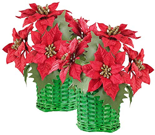 infactory Adventgesteck: 2er-Set Weihnachts-Gestecke mit Weihnachtssternen im geflochtenem Korb (Wintergestecke, Tischdekoration, Töpfe)