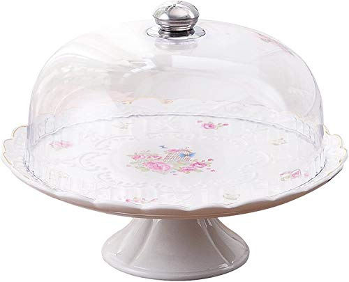 YBK Tech Présentoir à gâteau élégant en porcelaine avec couvercle dôme en plastique acrylique 30 centimeters (around 12 inches) Rose
