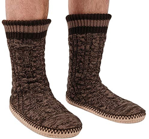 cosyone1997 Mens Slipper Socks with Gripper Soles, Warm Knit House Shoes, Fuzzy Moccasin Boots Indoor,Winter Cozy Christmas Gifts Unique, Cold Weather Bedroom Foot Warmers, Adult Size 14-15 Brown
