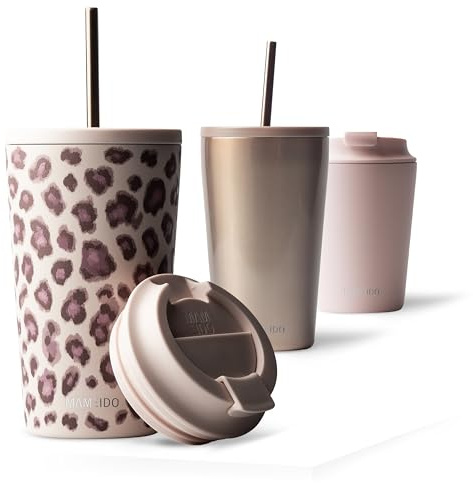 MAMEIDO termomugg med sugrör 470 ml, Dryckesmugg med lock och sugrör tillverkad av rostfritt stål dubbelväggig isolerad, läckagesäker, Coffee to go-mugg (Dusty Glam)