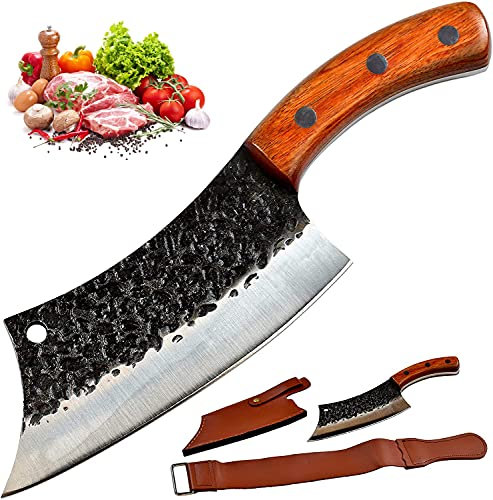 Serbische Küchenmesser (Hackmesser), Kochmesser mit Scheide und Abziehriemen, Metzgermesser für das Schneiden von Fleisch & Gemüse, Kochmesser, Hackmesser für zuhause, Camping & BBQ