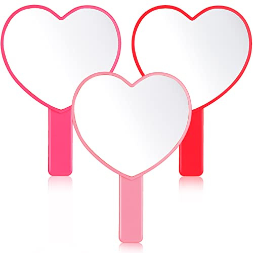 Yalikop 3 Pcs Hand Held Heart Mirror Cute Travel Makeup Plastic Mini Mirrors with Handle Pink Gifts for Women Birthday Party Favor Valentines Day Gifts Cosmetic(Red, Hot Pink)