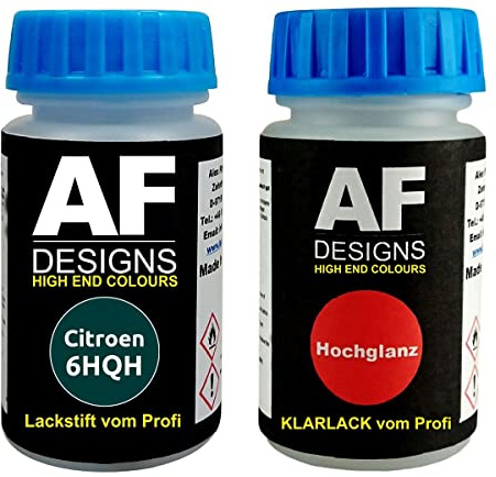 Alex Flittner Designs Stylo de retouche compatible avec Citroen 6HQH Vert Vega Metallic + Set de peinture automobile comprenant vernis transparent et peinture de base, 50ml chacun