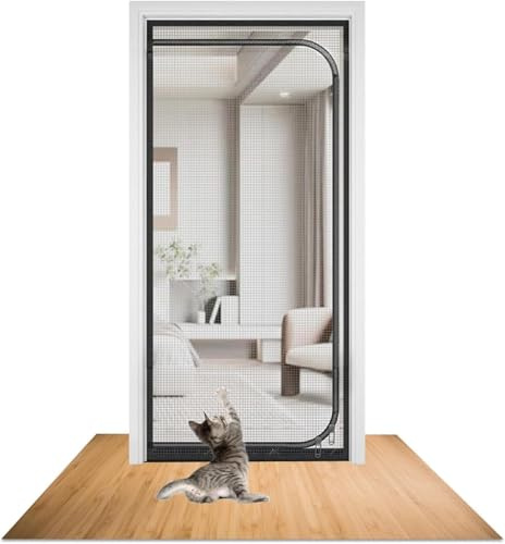 SHRRL Reinforced Cat Door screen Fits Door Size 90cm x 210cm, Heavy Duty Pets Proof Screen Door with Zipper, Prevent Dogs Cats Running out from Home, Black