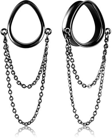 Vankula Ohr Tunnel mit anhänger 1 Paar Double Flared Flesh Plugs Tropfenförmige mit Kette Edelstahl für männer damen Ohrpiercing Schmuck 6mm bis 25mm