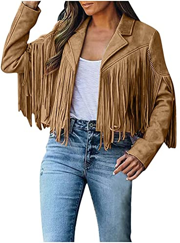 TRIGLIKOLEUM Damen Faux Wildleder Lederjacke mit Quasten Crop Fransen Strickjacke Mantel Freizeit Langarm Übergangsjacke Kurze Fransenjacke Motorradjacke Bikerjacke Outdoor Jacke Fransenmantel
