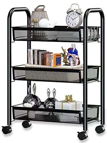 AEESRRU Carrito de Cocina 3 Niveles, Carrito de Cocina con Ruedas, Estante de Cocina, Administrador de Almacenamiento Extraíble con Malla Gruesa para Baño, Cocina, Dormitorio (Negro)