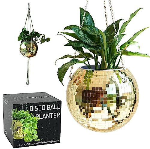 SCANDINORDICA Discokugel-Blumentopf, Komplett-Set, Gold 25 cm | Disco-Blumentopf mit Kette, Makramee-Aufhänger, Acrylständer & Innentopf zum Aufhängen oder Aufstellen