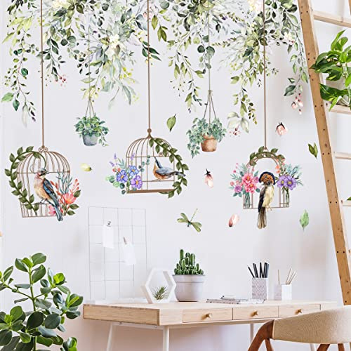 Runtoo Wandtattoo Hängende Pflanzen Grün Wandsticker Blätter Blumen Pflanzen Vögel Wandaufkleber Wohnzimmer Schlafzimmer Kinderzimmer Babyzimmer Wanddeko