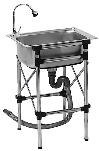 XIAOYUE 304 Edelstahl Spülbecken Mit Armatur, Freistehende Gewerbliche Spültisch 1 Becken mit Wasserhahn mit Kalt und Warmwasserschläuchen, for Waschküche,Garten