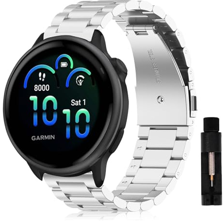 SumRioo Armband für Garmin Vivoactive 6/5/3/3 Music/Venu Sq 2/Approach S50/S44, 20mm Edelstahl Metall Uhrenarmband für Garmin Forerunner 55/165/165 Music/245/245 Music/570 42mm, Silber