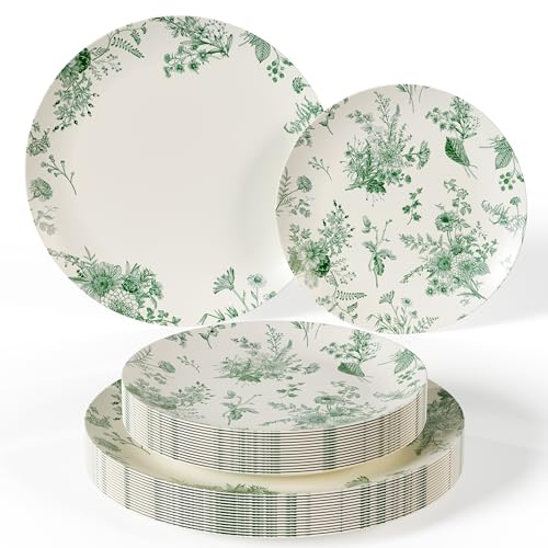 Trendables 80 Piece Plastic Disposable Plates Set For 40 Guests I 40 X 8 Inch Dessert Plates & 40 X 10 Inch Wedding Party Plates | Ivory & Green Verdure Design