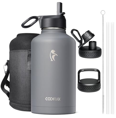 Botella de agua isotérmica de 2L, Coolflask Botella de agua con pajita y 3 tapas, Botella de acero inoxidable isotérmica con doble vacío a prueba de fugas para agua fría y caliente, Gris