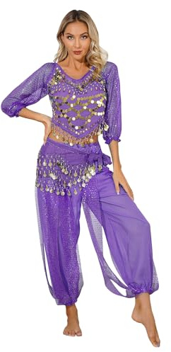 TiaoBug Femme Déguisement Indienne Princesse Robe de Danse du Ventre Paillette Haut Top de Danse Orientale et Harem Pantalon Costume Carnaval Halloween Violet A Taille unique