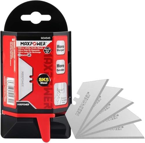 MAXPOWER Lame Cutter Trapeze 100 Pièces Lame Cutter,SK5 Lame de Cutter Trapeze Utilitaire Lourde d’Acier Trempé Supérieur avec Distributeur