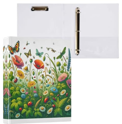 3,8 cm große Ordner mit 3 Ringen, Wildblumen, Blumen, Pflanzen, Schmetterlinge, dekorativer Drei-Ringordner für 200 Blatt, langlebige Basisordner für Schulbedarf, 1 Packung