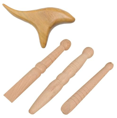 GIONAR 4Pcs Outil de Massage en Bois, avec 3 Baton de Massage et 1 Gua Sha Plaque, Maderotherapie, Masseur Thaïlandais pour Dos/Abdomen/Plante des Pieds