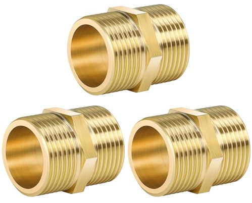 Aitsite Doppelnippel 3/4 Zoll Messing Außengewinde, Doppelnippel mit Sechskant, Robust und Rostfrei, Messing Gewindefitting Fittings für Trinkwasser Geeignet（3 Stück）