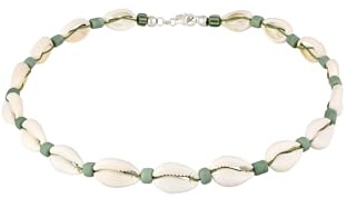 Kuzzoi Buddha Herren Muschel Halskette Surfer Kette aus Kauri Muscheln (10-12 mm) Herrenkette mit indonesischen Glasperlen und 925 Silber Beads Beach Schmuck Länge ca. 42 cm