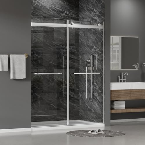 Findepot 56-60 W x 75 H Frameless Shower Door, Double Sliding Shower Door,5/16(8mm) Clear Tempered Glass,Silent Soft-Close Design,Brushed Nickel