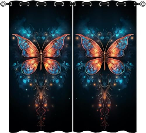 Vorhang Kinderzimmer Blumentier Schmetterling Kinder Vorhänge Mit Ösen Polyester Gardinen Thermovorhang Blickdicht Ösenschal Kindergardinen 170X200 cm (B + H) Für Wohnzimmer,2Er Set-142199449