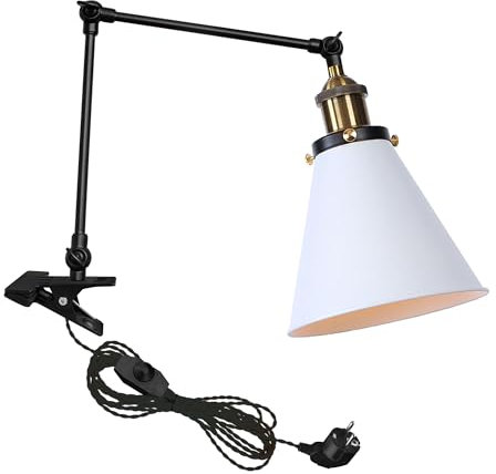FSLiving Industrial Klemmleuchte mit 2,5 Schalterkabel, Einstellbar Clip auf Schreibtisch Leselampe,Dimmbar Clamp Nachttischlampe mit Flexarm für Schreibtisch Nachttisch Regal- TD/0132G&W