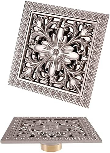 6-Zoll-Duschbodenablauf Messing-Duschablauf mit Abnehmbarer Abdeckung, Gitterrost, quadratischer Bodenablauf mit Haarsieb für Küche, Waschraum, Garage und Keller (Weiß: Nickel gebürstet)