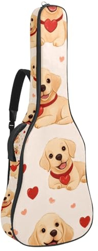 KengjuTesu 43 Zoll Akustikgitarre Softcase mit Rucksackgurt und 2 Taschen Red Hearts Golden Retriever, Keine Polsterung Rucksack Wasserdicht Oxford Tuch Bassgitarre Gigbag für Konzertgitarre,