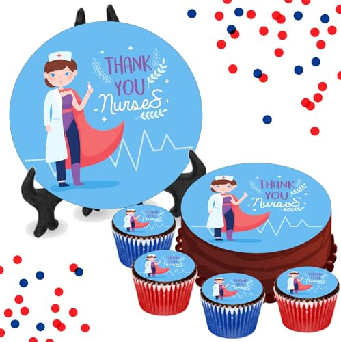 Thank You Nurses 8 INCH Cake or Cupcake Icing Toppers - Celebration Party Cake Decorations Perfect For Brownies Cookies Muffins & More! (24 x Circle Cupcake Toppers (4cm x 4cm))