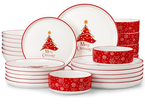 MALACASA 24-Piece Christmas Tree Plates and Bowls Set for 6, Ceramic Dinner Sets with Dinner Plates/Dessert Plates/Soup Bowls/Cereal Bowls, Holiday Crockery Set Dining Set Tableware for Entertaining