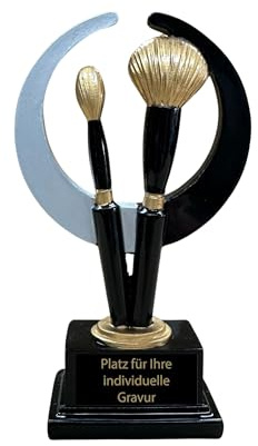 Resin Pinsel Pokal 12,5 cm - Beauty Trophäe mit Gravurschild für Make-up | Stilvolle Auszeichnung für Kosmetik & Styling-Wettbewerbe, massives Resin, schwarzer Sockel, fertig montierte Beschriftung