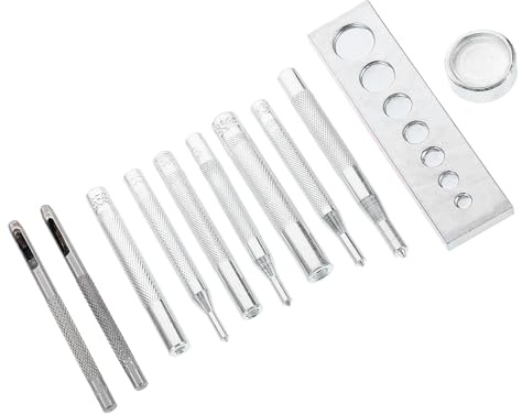 Snap Fastener Installation Tool Kit 11pcs Set Metal Rivets | Silver Finish, Leather and Clothing DIY Craft Repair Use, Punching and Fastening Parts for Button Base Work