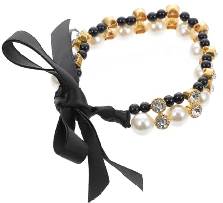 Gatuida Pet Collar with Pearl Ribbon Bow, Black Medium Dog Necklace, Decorative Puppy Collar for Parties and Special Occasions