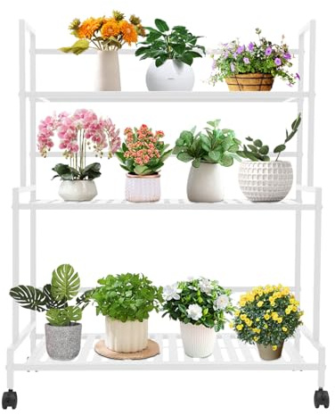 Escalier à fleurs à 3 niveaux en fer 80 x 40 x 100 cm - Support pour plantes pour intérieur et extérieur - Étagère multifonction avec grande capacité - Support de pot avec 4 roulettes - Pour magasin