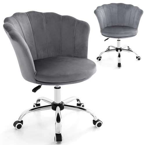 HOMASIS Chaise de Bureau Ergonomique avec Dossier en Forme de Coquille, Fauteuil de Salon à roulettes et Réglable en Hauteur,Fauteuil Rembourré en Velours, Charge 150 kg (Gris)