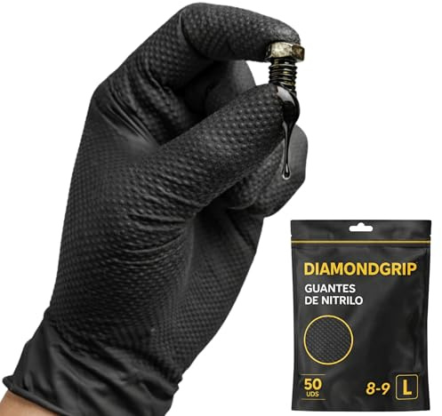 AFA Prime 50XGuantes Doble Diamantado Desechables Nitrilo Negro– Profesionales hasta 10,4 gramos Triple Resistencia | Guantes Trabajo para Taller, Industria, Limpieza y Hogar | L