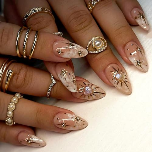 24 Pièces Faux Ongles Moyen Long, Dégradé Rose Blanc French Press on Nails Amande, Réutilisables Ongles à Coller avec Soleil Doré Strass Dessin, Artificiels Acrylique Capsule Ongles pour Femme Fille