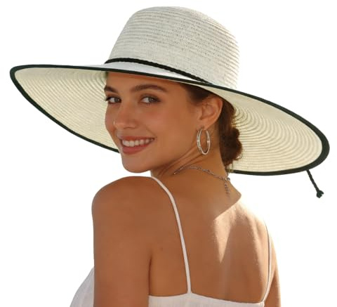 Ynport Crefreak Sombrero de Paja de ala Ancha para Mujer con Adorno Negro, Sombrero de Playa Plegable con Protección UV para Vacaciones de Verano Viajes Actividades al Aire Libre